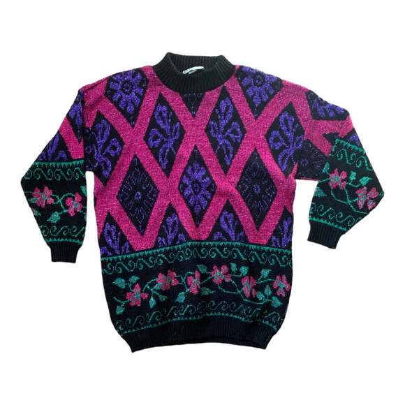 Vintage 90s distinctly different sweater black plus size 20w glitter pink long - Picture 1 of 6